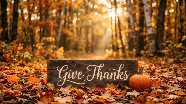 Autumn forest scene with a wooden sign reading give thanks and a single pumpkin