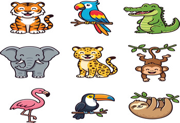 Naklejka premium Cute Jungle Animal Sticker Set with Cartoon Wild Safari Creatures for Kids Education Nursery Decor Children Book Illustration and Graphic Design Elements