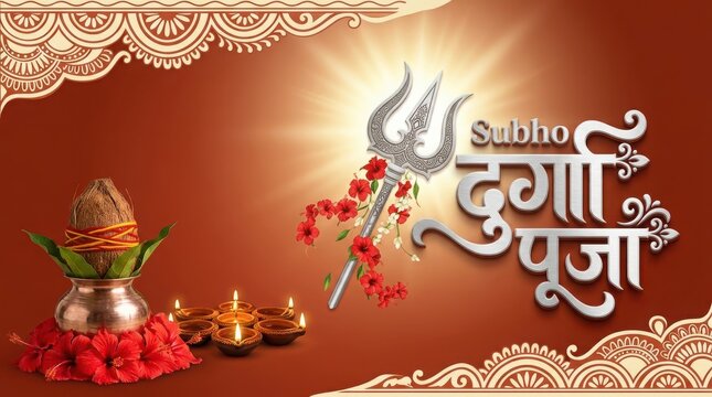 Trishula symbol with hibiscus flowers and earthen lamps on gradient brown background for annual Durga Puja festive wishes.