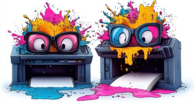 Two cartoon printers with glasses and wide eyes spilling cyan, magenta and yellow ink onto paper, creating a messy colorful splash and playful surprised expression