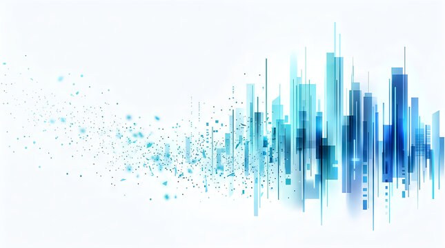 Abstract digital background with blue vertical lines and light particles representing data streams or sound waves