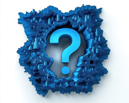 blue 3d question mark recessed in a jagged layered carved square frame on white background, evoking mystery and curiosity