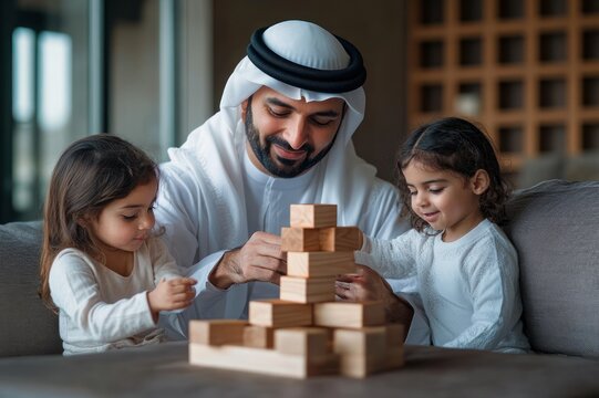 man in white robe and headscarf with two young girls building a wooden block tower on a coffee table in a cozy living room, focused and joyful