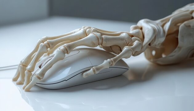 skeletal hand resting on a white computer mouse on a glossy desk, eerie stillness and macabre humor