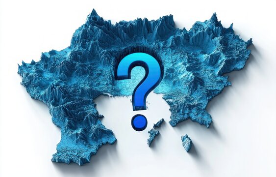 blue three-dimensional mountainous map with a large central question mark and scattered islands conveying mystery and uncertainty