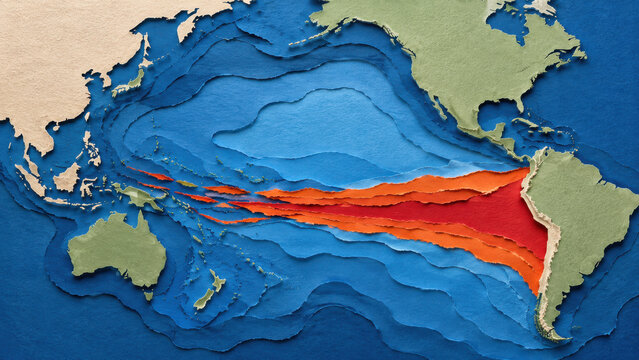 Sea surface temperature map of the Pacific Ocean showing a band of extreme warm water spreading along the equator towards South America