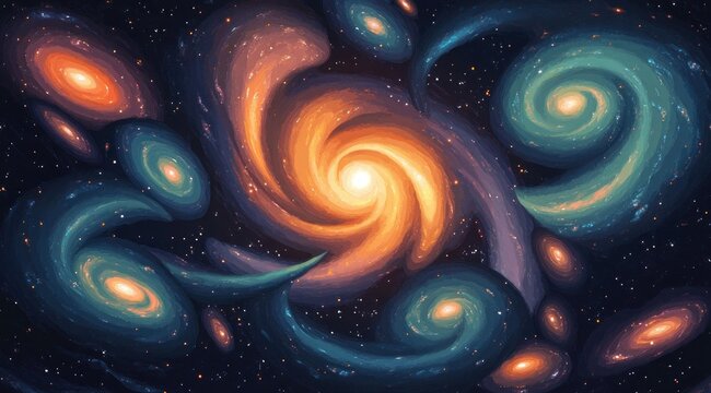multiple colorful spiraling galaxies with glowing centers and a scattered starfield in deep space, majestic cosmic swirls evoking awe and wonder