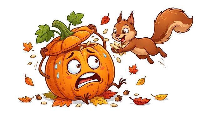 Cartoon of a panicked, anthropomorphic pumpkin with a shocked expression, being raided by a playful squirrel holding pumpkin seeds