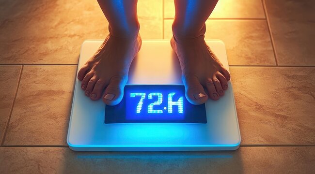 Bare feet standing on a glowing digital bathroom scale reading 72.4 on a tiled floor bathed in warm light, conveying tense relief and anxious anticipation