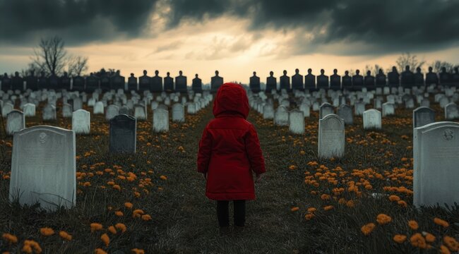 child in red coat stands alone among rows of white headstones and scattered orange flowers in a cemetery under brooding clouds, a scene of solitude and mourning