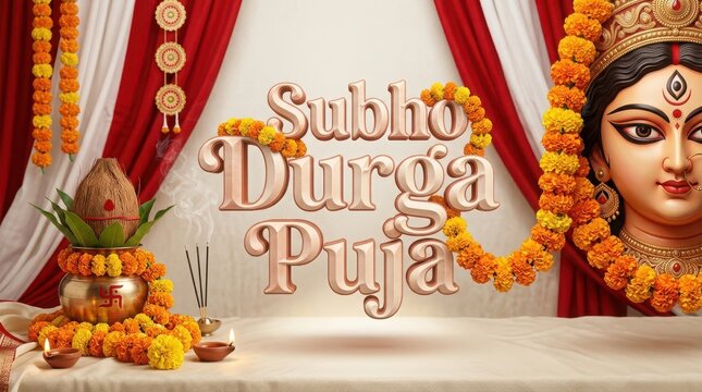 Subho durga puja festive setting with kalash and marigold garlands for traditional bengali religious celebration greeting.