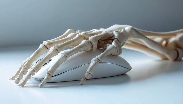 Eerie skeletal hand and forearm resting on a white wireless computer mouse on a clean desk, combining macabre humor with quiet minimalist stillness