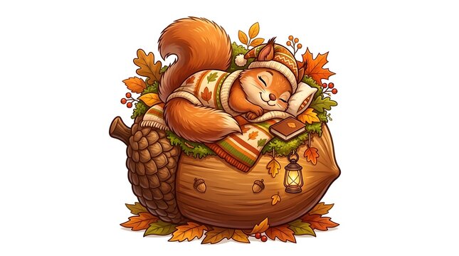 Cute cartoon squirrel wearing a patterned sweater and hat, sleeping peacefully on of a large brown acorn surrounded by autumn leaves