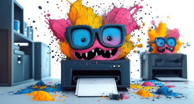 playful colorful ink monsters bursting from office printers with oversized glasses, sharp teeth, scattered cyan magenta yellow powder and chaotic mischievous energy