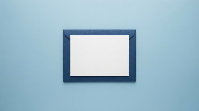 Blank white card placed on a dark blue envelope against a light blue background