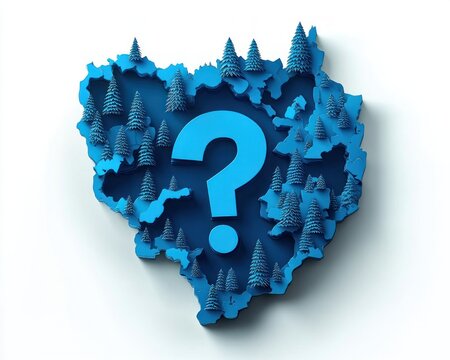 blue map silhouette filled with small pine trees and a large central question mark conveying environmental uncertainty and curiosity
