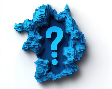 blue layered country-shaped topographic model with a central question mark and miniature buildings conveying curiosity and uncertainty