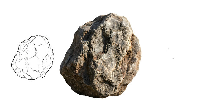 Natural granite rock with line art sketch, textured brown stone boulder, isolated mineral element for composite design