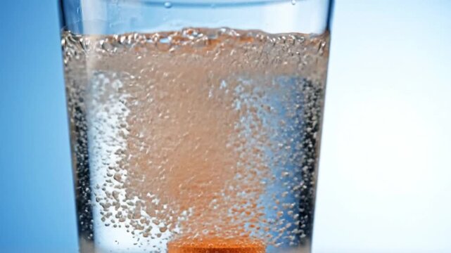 Effervescent vitamin C tablet dropped into glass of water dissolving with fizzing bubbles