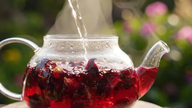 Pouring hot water into glass teapot with red hibiscus karkade tea leaves outdoors in garden