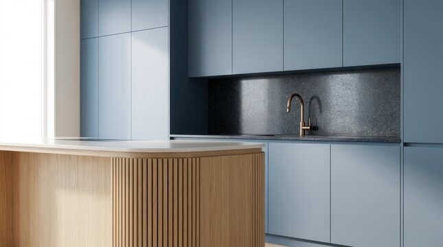 3D Rendering of a modern kitchen interior with a wooden island, matte blue cabinets, and an elegant minimalist textured stone backsplash.