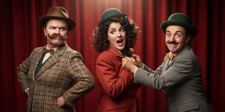 Theatrical trio of vintage actors wearing bowler hats and retro tweed suits performing comedy skit sketch in front of heavy red velvet theater curtain stage backdrop