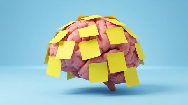 Human brain covered with yellow sticky notes on a blue background, representing a task reminder concept or memory overload in a 3D rendering.