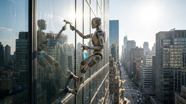 Humanoid robot window cleaner hanging on suction lines outside a modern glass skyscraper high above a city street.
