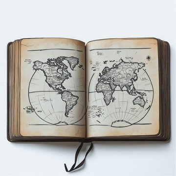 Open antique book showing hand-drawn world maps on two aged pages with ribbon bookmark, evoking exploration, discovery and nostalgic curiosity