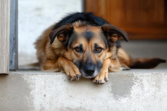 dog with blurred face lying on a concrete step in a doorway, ears drooping and appearing tired and contemplative