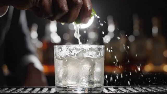 Bartender squeezing fresh green lime juice into a cocktail glass with ice on a dark bar counter in slow motion