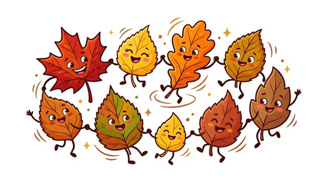 Cartoon autumn leaves with smiling faces holding hands in a circle, colorful fall foliage characters dancing on a white background