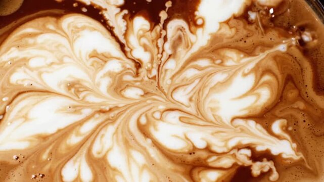 Top view macro shot of fresh milk pouring into black hot coffee creating beautiful white swirling patterns