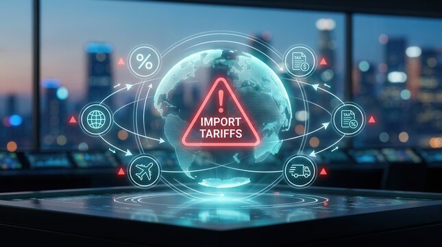 Import tariffs increase represented through global trade symbols and digital graphics.