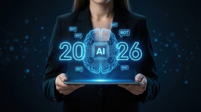 Glowing AI brain chip and 2026 displayed on a digital tablet held by a woman