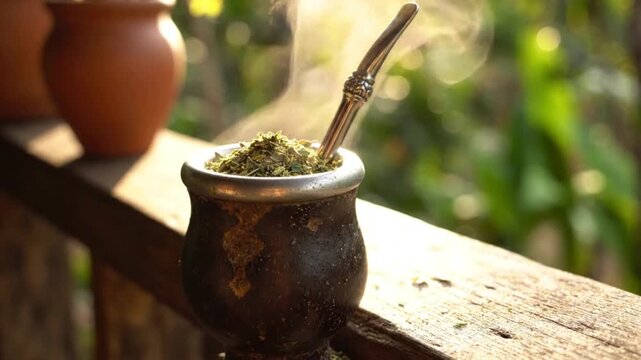 Hot yerba mate tea with steam in traditional calabash gourd and metal bombilla outdoors in sunny nature background