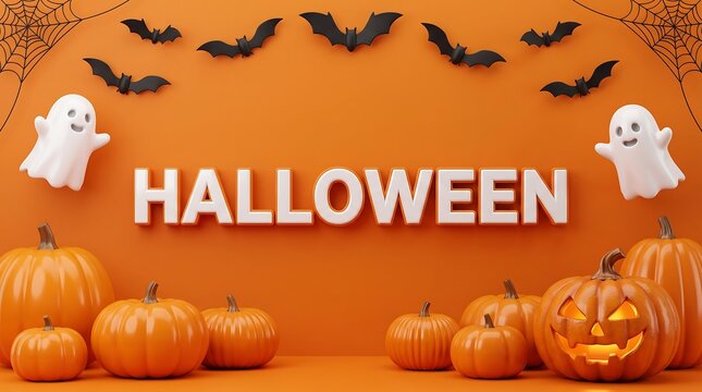 Halloween background featuring friendly ghosts bats spider webs glowing pumpkins on an orange wall halloween text spooky season autumn holiday trick or treat jack o lantern creepy backdrop