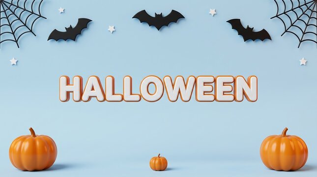 Halloween background with flying bats spider webs small pumpkins on a light blue wall halloween text spooky season autumn holiday trick or treat jack o lantern creepy backdrop fall decor