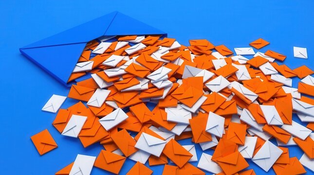 Concept of email spam or scam messages featuring a 3D rendering of orange and white envelopes spilling from a large blue envelope on a blue background.