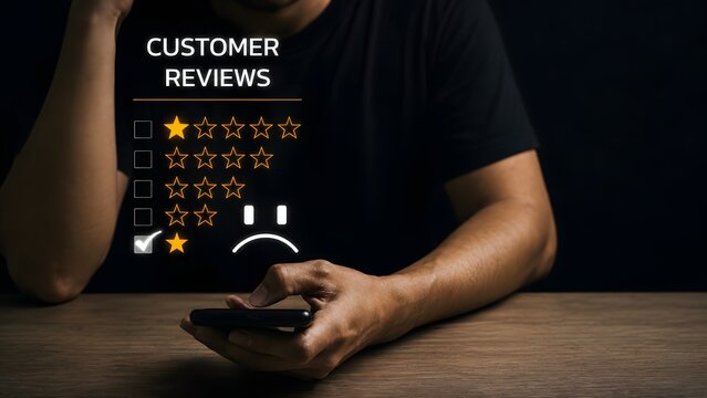 Unhappy Client with Sadness Emotion Face on a smartphone screen, Customer Experience dissatisfied, bad feedback review. lowest rating, 1 star, bad quality, client angry feeling, negative assessment,