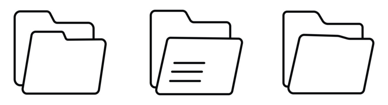 File folders icon silhouette vector outline and line art. Folder Icons: Set of two solid and outline illustrations of open folders. Folder icons set, File organization symbols, Document tab icon set.
