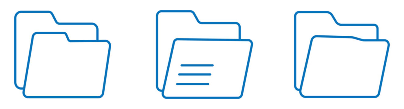 File folders icon silhouette vector outline and line art. Folder Icons: Set of two solid and outline illustrations of open folders. Folder icons set, File organization symbols, Document tab icon set.