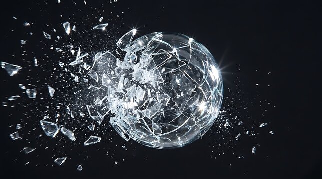 Shattering glass sphere exploding on black background, dynamic crystal shards in motion.