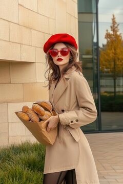 Stylish woman in beige trench coat and red beret carrying a paper bag of fresh bread loaves outdoors in an autumn city scene, calm and content mood