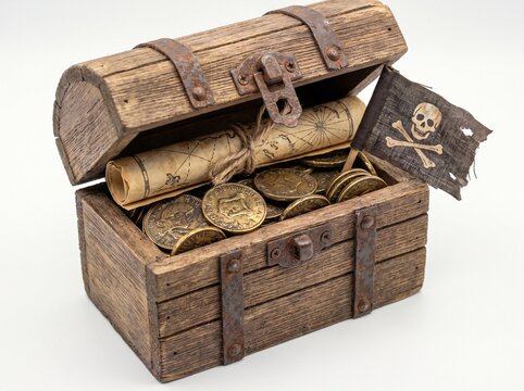 Wooden treasure chest overflowing with gold coins and vintage parchment map on white