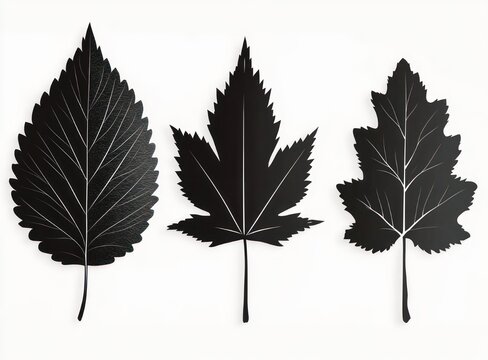 Three black leaf silhouettes with white vein details on a white background, minimalist serene composition