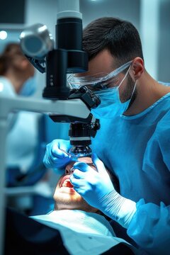 dentist in blue gown and gloves using binocular surgical microscope to treat patient reclined in dental chair, intense focused clinical concentration