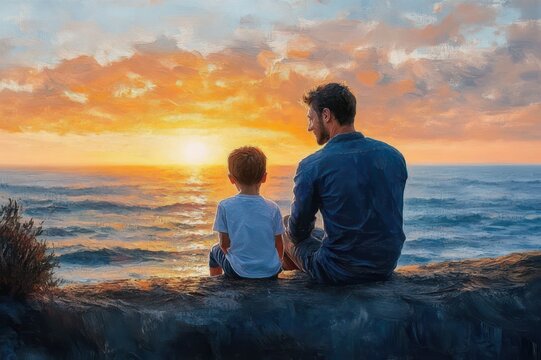 father and son sitting on a rocky cliff overlooking the ocean at sunset, sharing a quiet peaceful moment of bonding and reflection