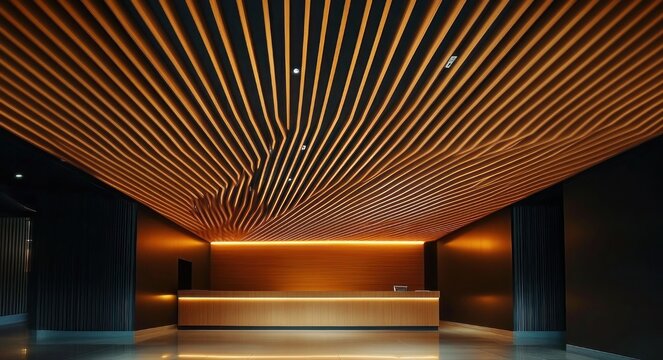 Minimalist reception lobby with undulating wooden slat ceiling, warm orange linear lighting, sleek front desk, dark walls and reflective floor, inviting futuristic atmosphere