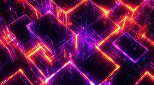 glowing neon glass cubes arranged in a grid with vibrant purple and orange light, a futuristic energetic digital maze